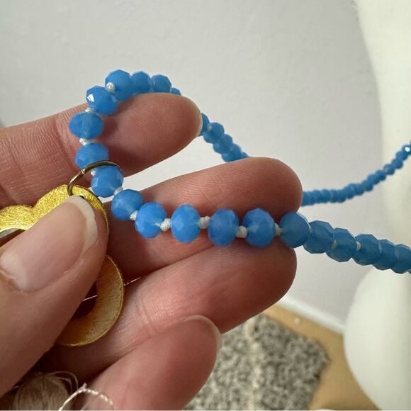 Teal Blue Fauceted Bead Necklace Extra Long Gold Clover Fringe Charm - Picture 4 of 6